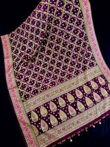 Handmade Purple Color Bandhej Saree in Dupion Silk with Meenakari Work and Muted Gold Zari | Handwoven Sarees | Bandhani Sarees
