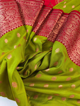 Mehandi Green with Red Color Banarasi Mashru Silk Saree | Copper Zari Weave | Wedding Party Wear Sarees | Ships from California USA