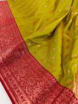 Mehandi Green with Red Color Banarasi Mashru Silk Saree | Copper Zari Weave | Wedding Party Wear Sarees | Ships from California USA