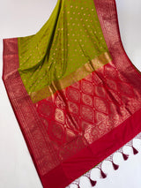 Mehandi Green with Red Color Banarasi Mashru Silk Saree | Copper Zari Weave | Wedding Party Wear Sarees | Ships from California USA
