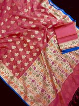 Peach Color Semi Silk Saree with Floral Buttas and Meenakari Weaving with Temple Borders | Paithani Style Saree | Gift for Her