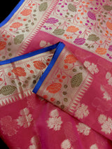 Peach Color Semi Silk Saree with Floral Buttas and Meenakari Weaving with Temple Borders | Paithani Style Saree | Gift for Her