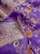 Lavender Color Pure Khaddi Georgette Banarasi Silk Saree with Muted Gold Zari and Handbrush Paint | SILK MARK CERTIFIED