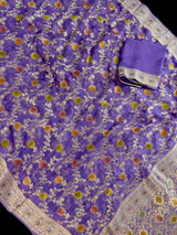 Lavender Color Pure Khaddi Georgette Banarasi Silk Saree with Muted Gold Zari and Handbrush Paint | SILK MARK CERTIFIED