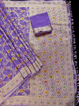 Lavender Color Pure Khaddi Georgette Banarasi Silk Saree with Muted Gold Zari and Handbrush Paint | SILK MARK CERTIFIED