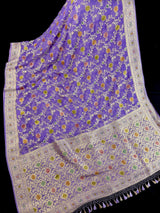 Lavender Color Pure Khaddi Georgette Banarasi Silk Saree with Muted Gold Zari and Handbrush Paint | SILK MARK CERTIFIED