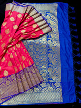 Dual shade Peach Pink Hot Pink with Purple border and Blue Pallu combination Traditional Border Banarasi Handloom Soft Silk Saree