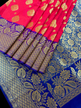 Dual shade Peach Pink Hot Pink with Purple border and Blue Pallu combination Traditional Border Banarasi Handloom Soft Silk Saree