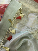 Red and Pastel Aqua Color Pure Banarasi Tussar Silk Saree with Copper and Muted Gold Zari Weave Jaal Meenakari Saree | Silk Mark Certified