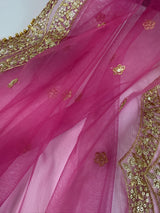 China Rose Color Net Dupatta with Gold Zari, Sequin and Beads | Lavender Wedding Dupatta | Sequin Dupattas | Indian Dupatta for Lehanga
