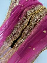 China Rose Color Net Dupatta with Gold Zari, Sequin and Beads | Lavender Wedding Dupatta | Sequin Dupattas | Indian Dupatta for Lehanga