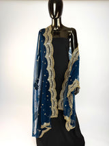 Teal Blue Color Net Dupatta with Gold Zari, Sequin and Bead | Sequin Dupatta | Indian Dupatta for Lehanga | Weddding, Party Wear Dupatta