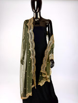 Mehandi Green Color Net Dupatta with Gold Zari, Sequin and Bead | Sequin Dupatta | Indian Dupatta for Lehanga | Weddding, Party Wear Dupatta