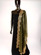 Mehandi Green Color Net Dupatta with Gold Zari, Sequin and Bead | Sequin Dupatta | Indian Dupatta for Lehanga | Weddding, Party Wear Dupatta