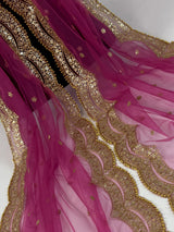 China Rose Color Net Dupatta with Gold Zari, Sequin and Beads | Lavender Wedding Dupatta | Sequin Dupattas | Indian Dupatta for Lehanga