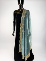 Aqua Blue Color Net Dupatta with Gold Zari, Sequin and Bead | Sequin Dupatta | Indian Dupatta for Lehanga | Weddding, Party Wear Dupatta