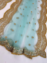 Aqua Blue Color Net Dupatta with Gold Zari, Sequin and Bead | Sequin Dupatta | Indian Dupatta for Lehanga | Weddding, Party Wear Dupatta