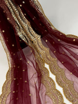 Deep Maroon Color Net Dupatta with Zari, Sequin and Beads | Sequin Dupatta | Sequin Dupattas | Indian Dupatta for Lehanga