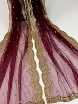Deep Maroon Color Net Dupatta with Zari, Sequin and Beads | Sequin Dupatta | Sequin Dupattas | Indian Dupatta for Lehanga