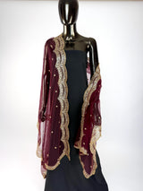Deep Maroon Color Net Dupatta with Zari, Sequin and Beads | Sequin Dupatta | Sequin Dupattas | Indian Dupatta for Lehanga