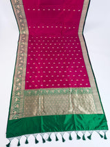 Cheery Pink Pure Katan Silk Saree with Green Color Border and Pallu | Pure Silk Sarees | SILK MARK CERTIFIED