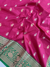 Cheery Pink Pure Katan Silk Saree with Green Color Border and Pallu | Pure Silk Sarees | SILK MARK CERTIFIED