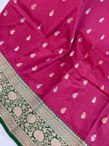 Cheery Pink Pure Katan Silk Saree with Green Color Border and Pallu | Pure Silk Sarees | SILK MARK CERTIFIED