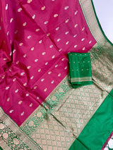 Cheery Pink Pure Katan Silk Saree with Green Color Border and Pallu | Pure Silk Sarees | SILK MARK CERTIFIED