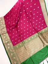 Cheery Pink Pure Katan Silk Saree with Green Color Border and Pallu | Pure Silk Sarees | SILK MARK CERTIFIED