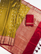 Fenugreek Color Pure Katan Silk Saree with Red Color Border and Pallu | Pure Silk Sarees | SILK MARK CERTIFIED | Vendhayam Colour Saree