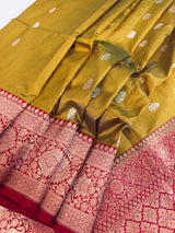 Fenugreek Color Pure Katan Silk Saree with Red Color Border and Pallu | Pure Silk Sarees | SILK MARK CERTIFIED | Vendhayam Colour Saree