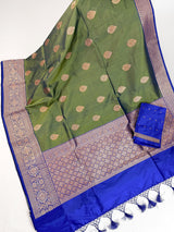 Dual Shade Pista Green Pure Katan Silk Saree with Royal Blue Color Border and Pallu | Pure Silk Sarees | SILK MARK CERTIFIED
