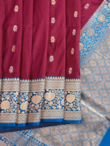 Dragonfruit and Sky Blue Color Pure Katan Silk saree — Kaash Collection