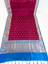 Dragonfruit and Sky Blue Color Pure Katan Silk saree — Kaash Collection
