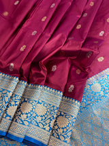 Dragonfruit and Sky Blue Color Pure Katan Silk saree — Kaash Collection