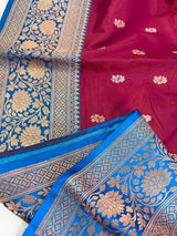 Dragonfruit and Sky Blue Color Pure Katan Silk saree — Kaash Collection