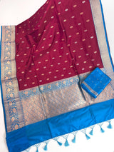 Dragonfruit and Sky Blue Color Pure Katan Silk saree — Kaash Collection
