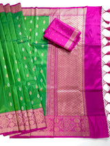 Dual Shade Parrot Green Pure Katan Silk Saree with Hot Pink Color Border and Pallu | Pure Silk Sarees | SILK MARK CERTIFIED