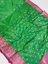 Dual Shade Parrot Green Pure Katan Silk Saree with Hot Pink Color Border and Pallu | Pure Silk Sarees | SILK MARK CERTIFIED