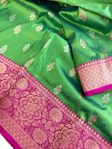 Dual Shade Parrot Green Pure Katan Silk Saree with Hot Pink Color Border and Pallu | Pure Silk Sarees | SILK MARK CERTIFIED