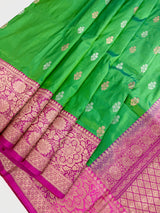Dual Shade Parrot Green Pure Katan Silk Saree with Hot Pink Color Border and Pallu | Pure Silk Sarees | SILK MARK CERTIFIED