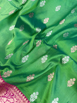 Dual Shade Parrot Green Pure Katan Silk Saree with Hot Pink Color Border and Pallu | Pure Silk Sarees | SILK MARK CERTIFIED