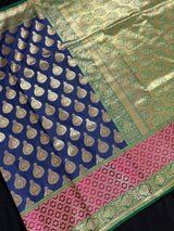 Dull Blue with Green and Pink color combination Traditional Satin Border Banarasi Handloom Soft Silk Saree | Ships from California