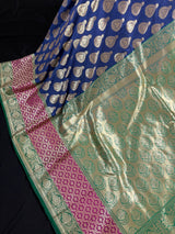 Dull Blue with Green and Pink color combination Traditional Satin Border Banarasi Handloom Soft Silk Saree | Ships from California