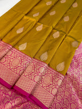 Pure Katan Silk Saree Fenugreek Color with Hot Pink Color Border and Pallu | Pure Silk Sarees | SILK MARK CERTIFIED | Vendhayam Colour Saree