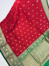 Red Color Pure Katan Silk Saree with Green Color Border and Pallu