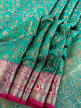 Peacock Green Semi-Tussar Silk Saree With Antique Zari Jaal Weave | Tussar Silk Sarees | Ships from California