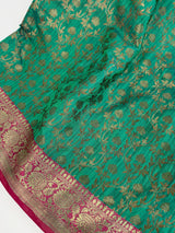 Peacock Green Semi-Tussar Silk Saree With Antique Zari Jaal Weave | Tussar Silk Sarees | Ships from California