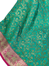Peacock Green Semi-Tussar Silk Saree With Antique Zari Jaal Weave | Tussar Silk Sarees | Ships from California