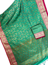 Peacock Green Semi-Tussar Silk Saree With Antique Zari Jaal Weave | Tussar Silk Sarees | Ships from California